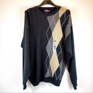Patriot By Exacta Argyle Pattern Black gray Tan & White Sweater Size Large
